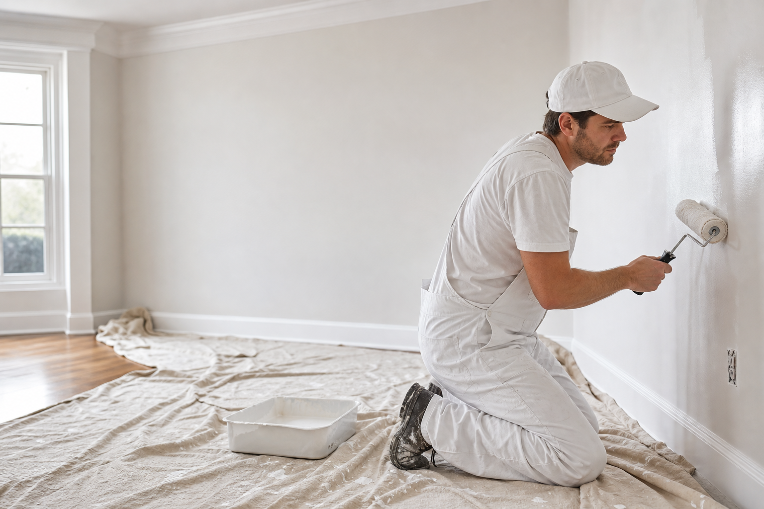 Professional painter rolling paint on a residential interior wall