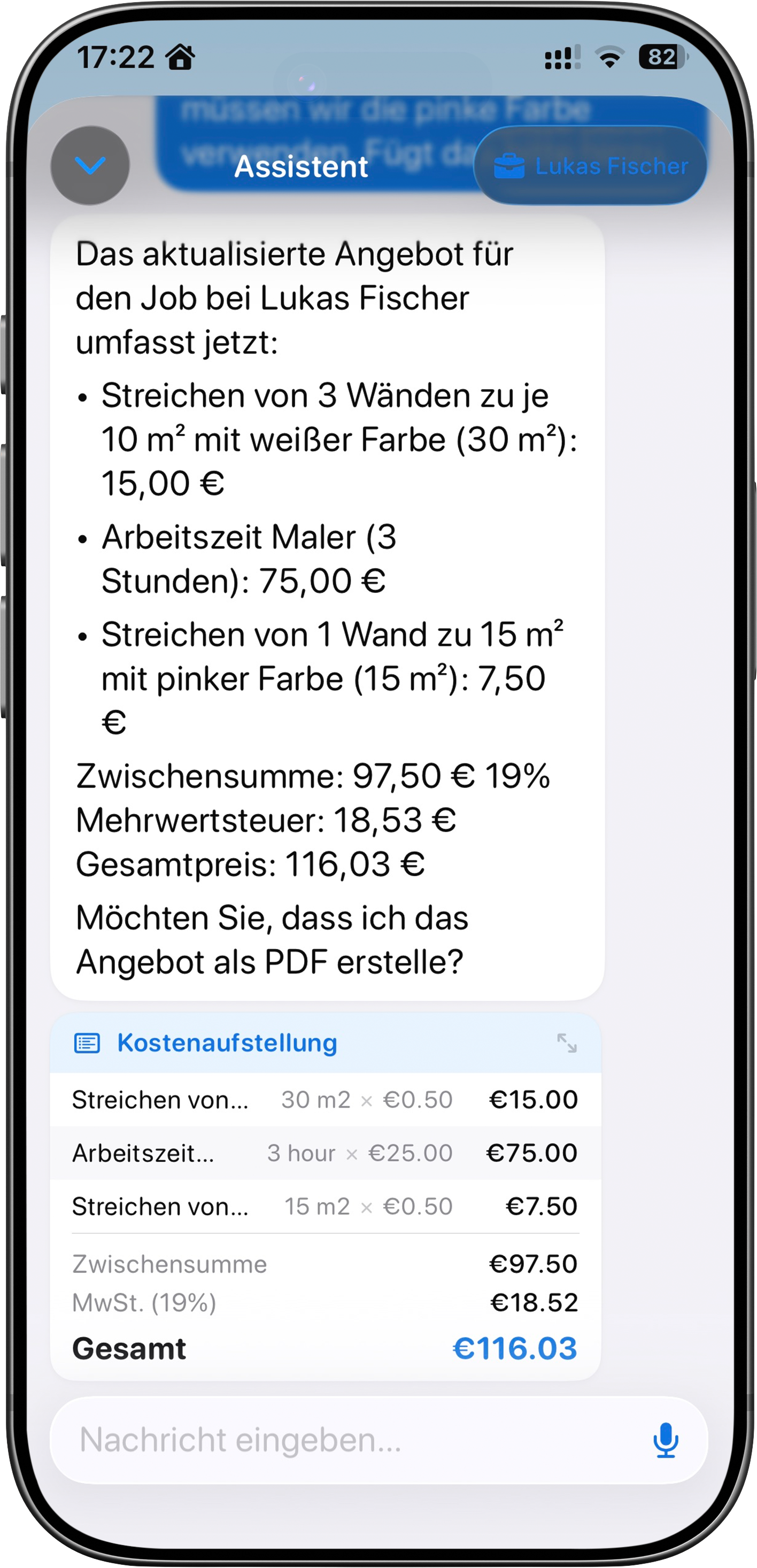 OnSite AI assistant with cost breakdown on iPhone