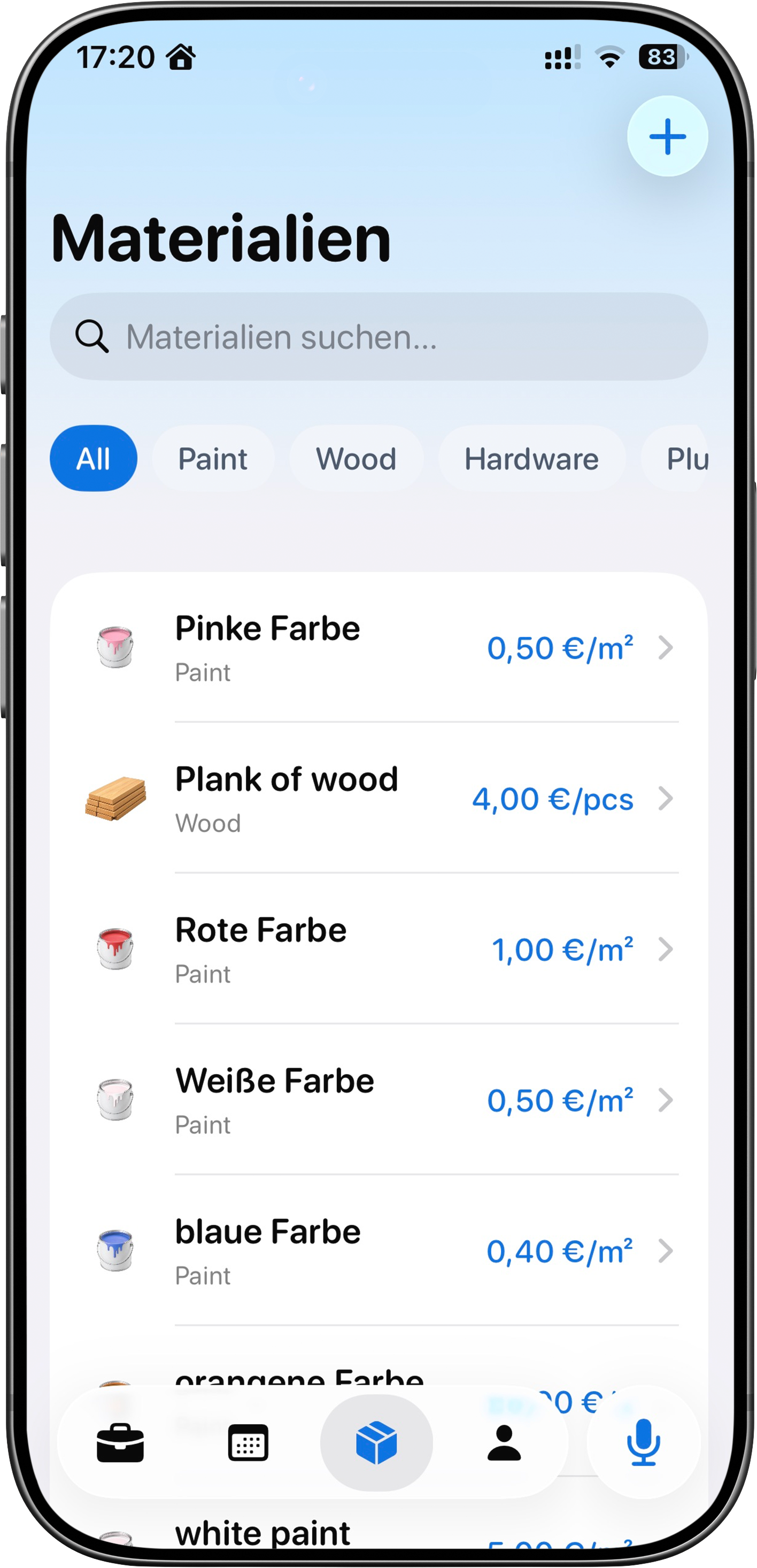 OnSite materials catalog on iPhone