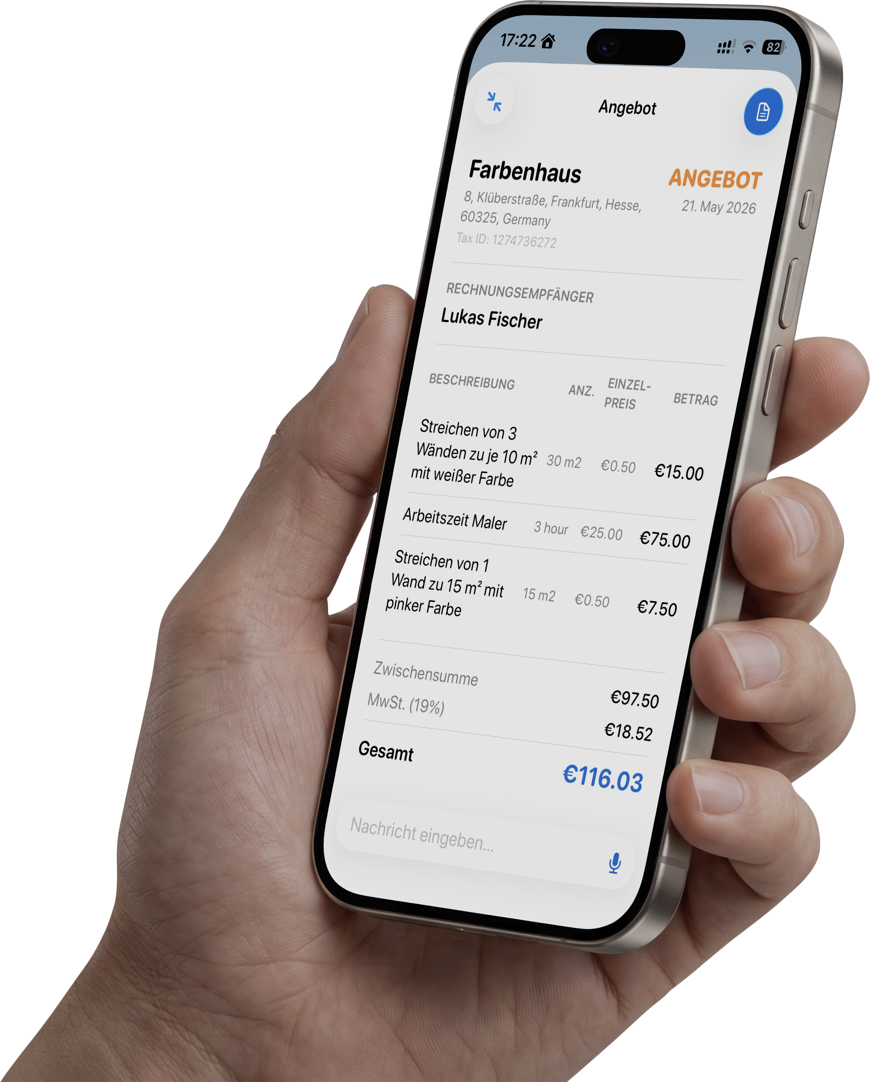 Hand holding iPhone showing an OnSite quote document